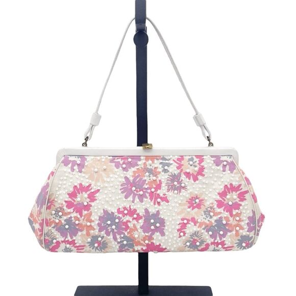 Vintage Magid Beaded Floral Clutch Purse White Pink Purple w Coin Pouch Beaded - Picture 5 of 16